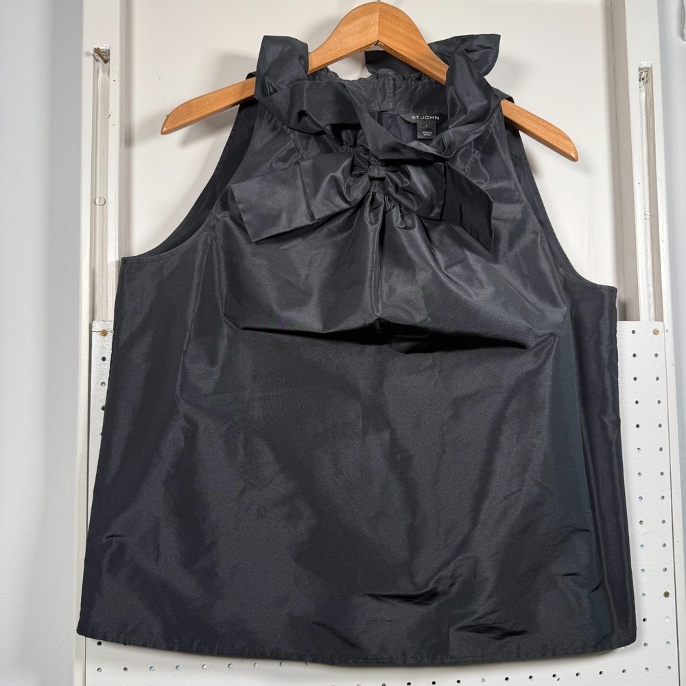 St. John Neck Tie Blouse Womens Black Ruffle Collar Sleeveless Top - Large Fancy